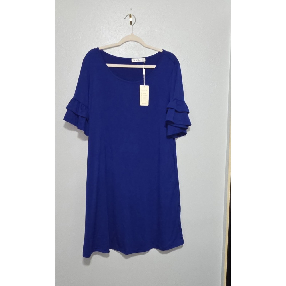 Nemidor Ruffle Sleeve Dress Size 18 Blue Plus Size Polyester Knit A-Line NWT